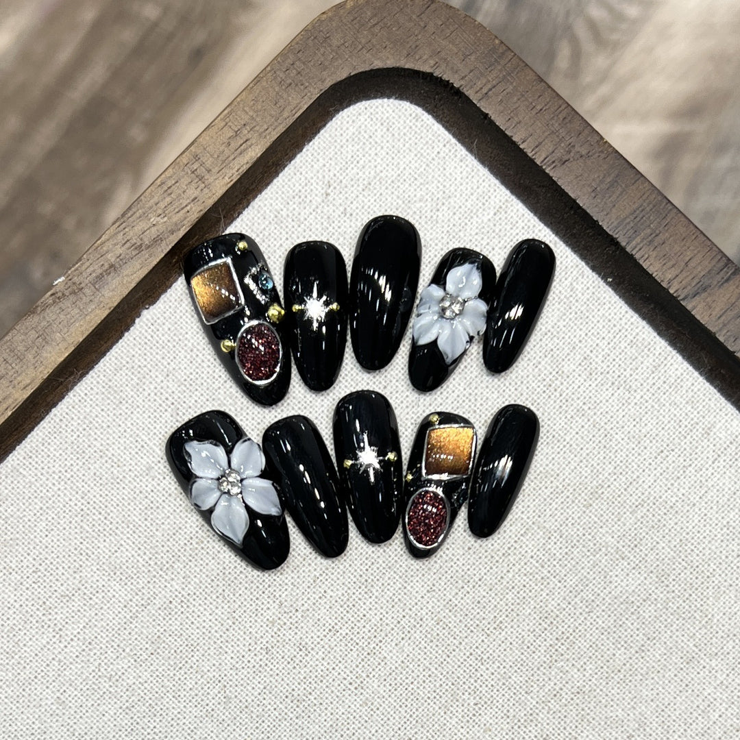 Decorative Press-On Nail Art Set with Floral and Crystal Accents Kalsten