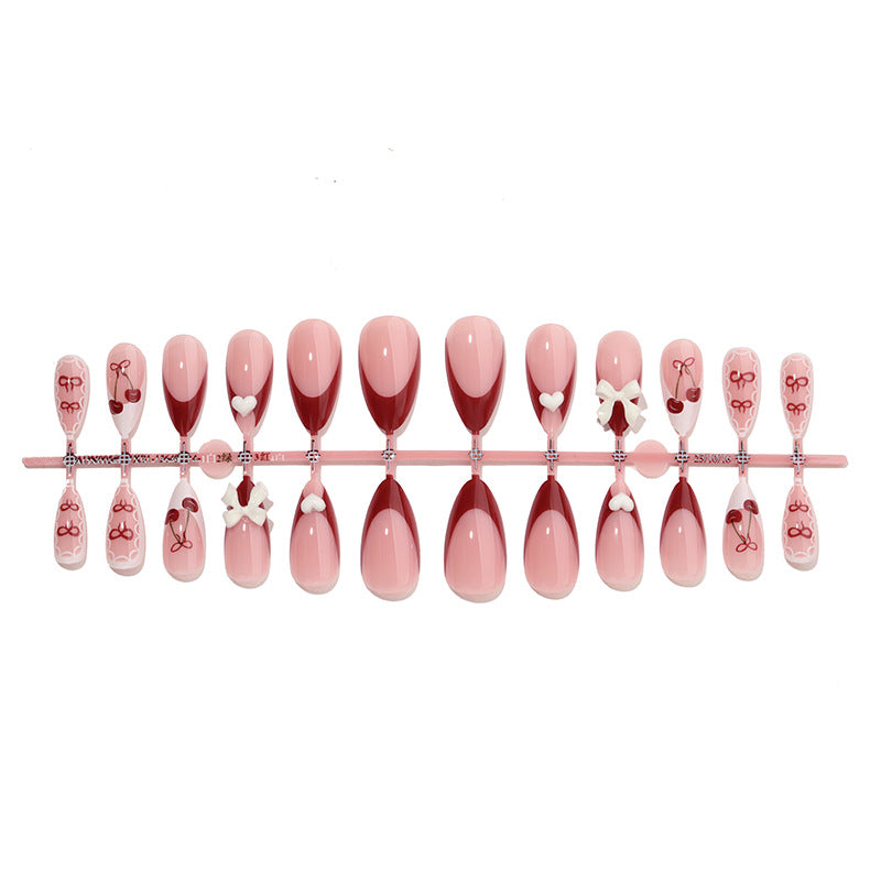 Decorative Press-On Nail Art Set with 3D Bow and Cherry Designs kalsten