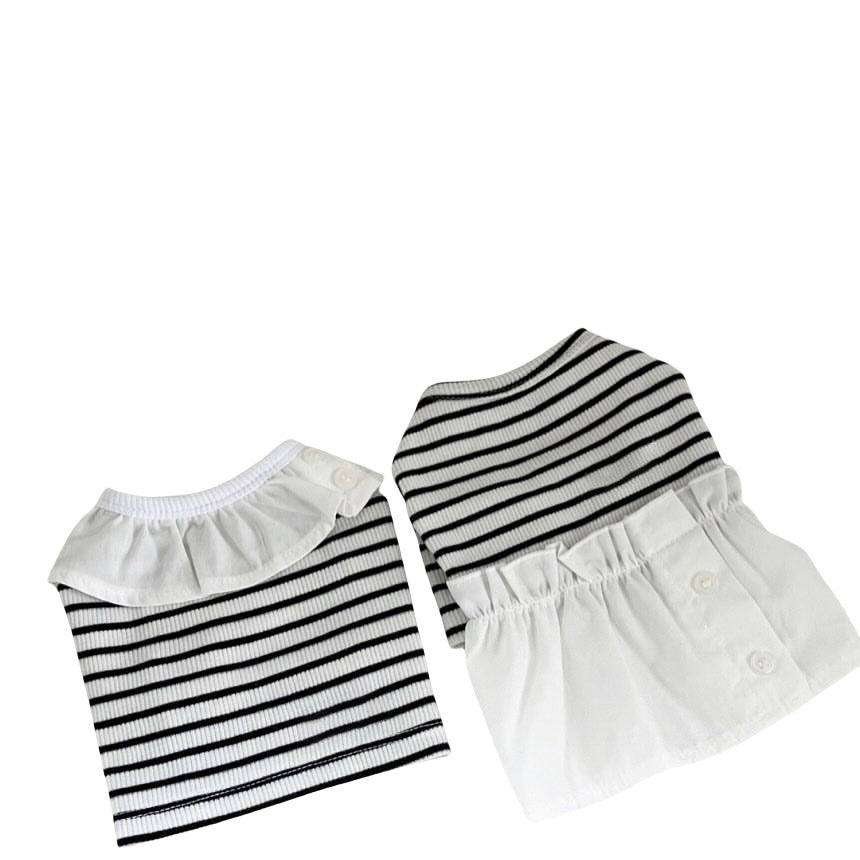 Striped Cotton Knit Pet Dress with Ruffled Skirt and Button-Back Closure