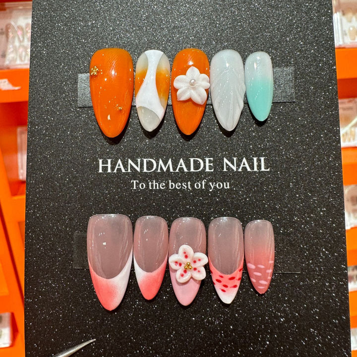 Artistic Press-On Nail Set with Floral and Gradient Accents