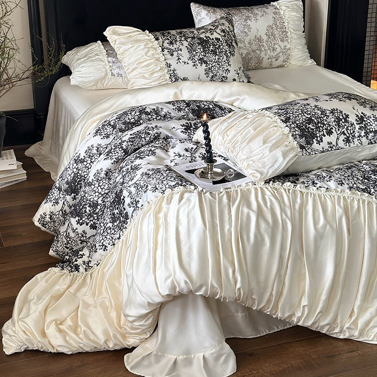 Premium cotton satin duvet cover set with ruffled frill and decorative bed skirt