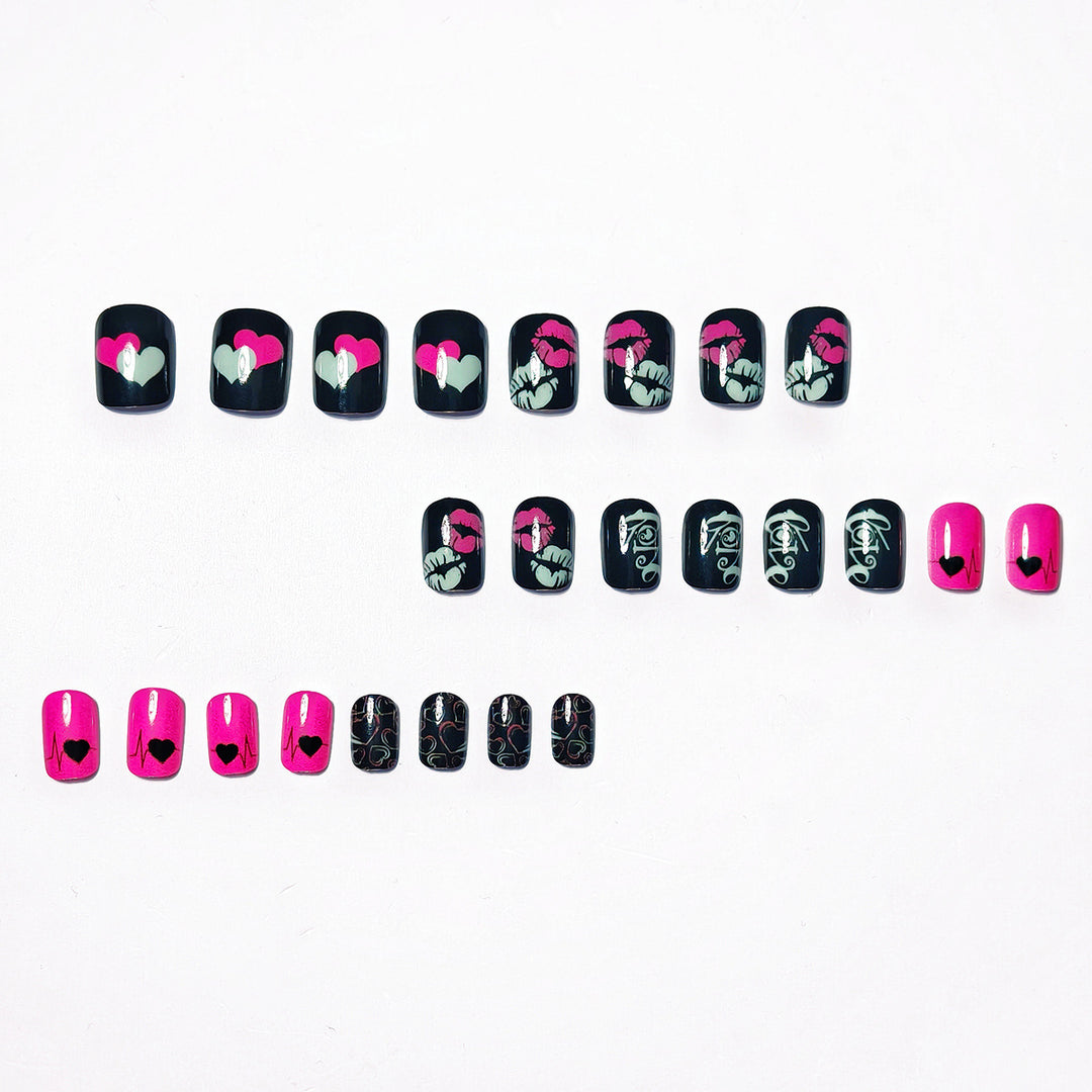 Acrylic nail design with hearts and kiss motifs Kalsten