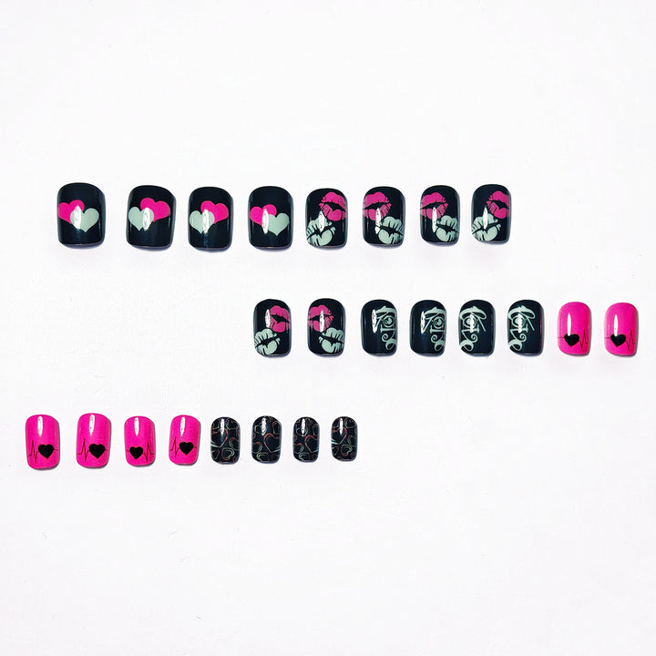 Acrylic nail design with hearts and kiss motifs Kalsten