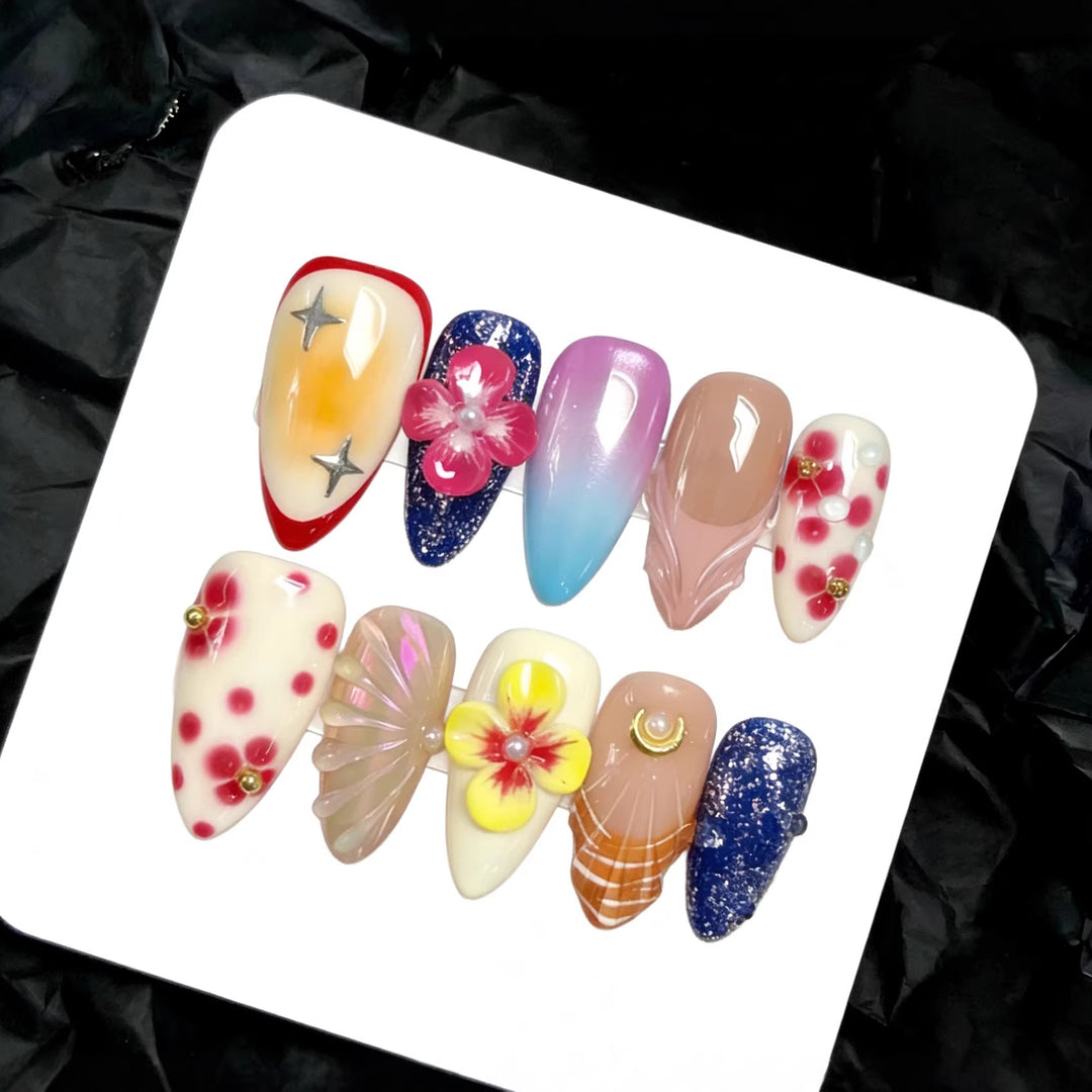 Artistic Press-On Nail Set with Floral and Decorative Accents