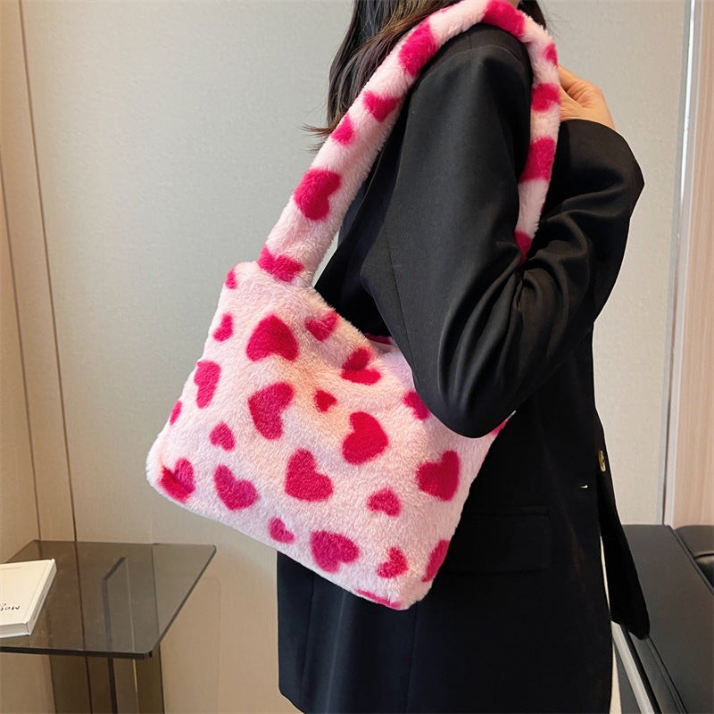 Cozy Plush Heart-Patterned Handbag