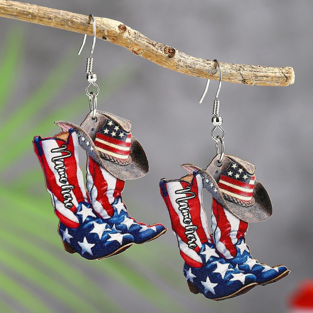 Women's handmade acrylic earrings can holder with patriotic flag motif and fish hook closure Kalsten