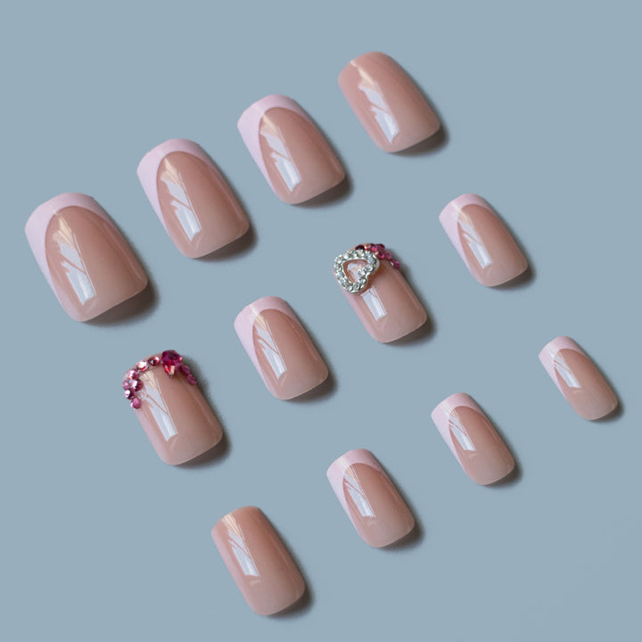 Decorative French Tip Nail Art Set with Gem Accents