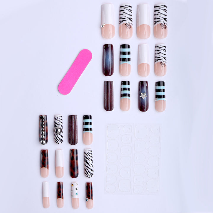 Artificial nails in modern striped design with 3D decoration Kalsten