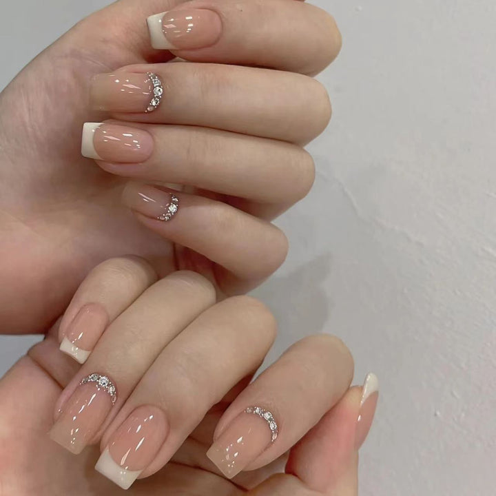 Elegant French Tip Press-On Nails with Rhinestone Accents Kalsten
