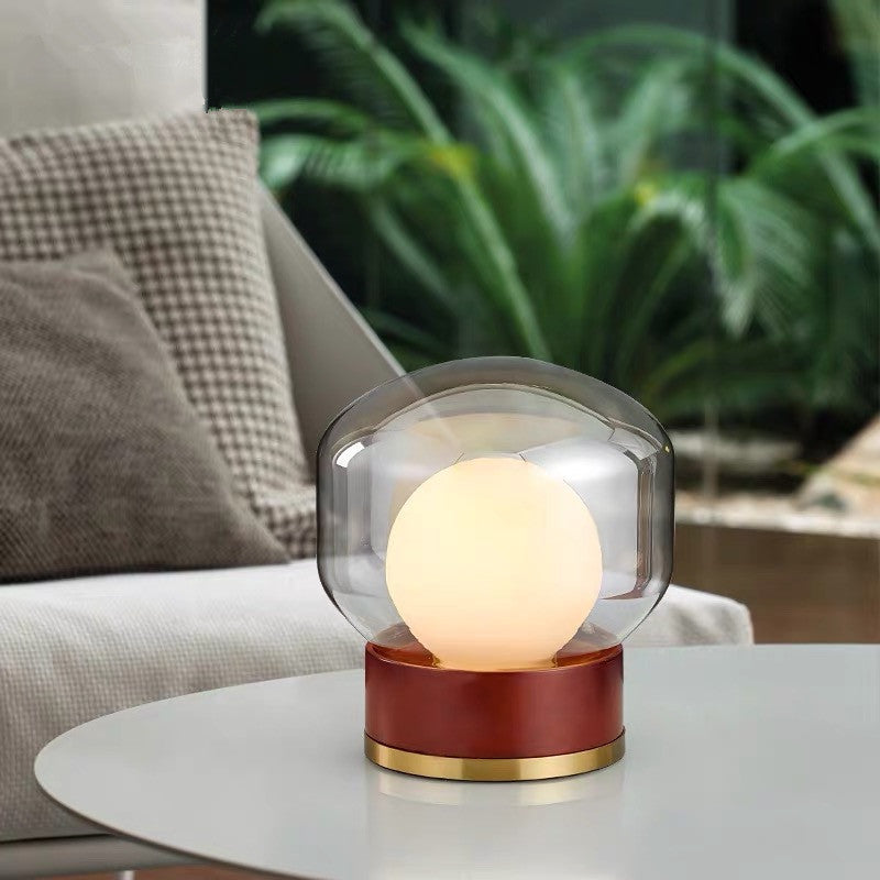 Modern Glass Table Lamp with Wooden Base and Gold Accents