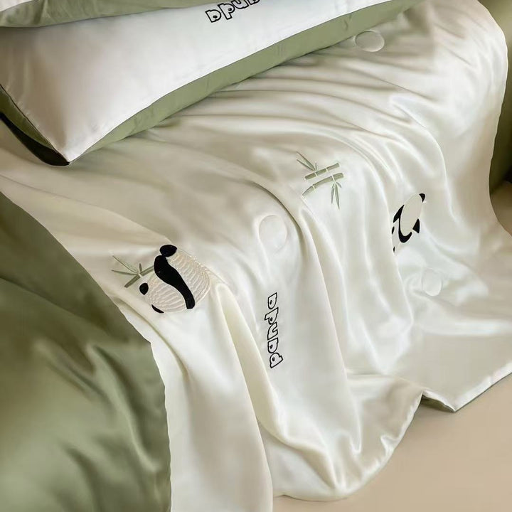 Silky shiny satin bedding set with cute panda embroidery