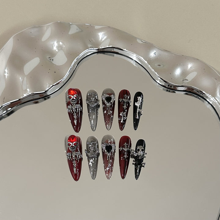 Gothic-Themed Press-On Nail Art Set with Unique Silver Accents
