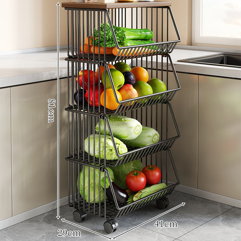 Countertop Wooden Top Metal Wire Fruit and Vegetable Storage Rack