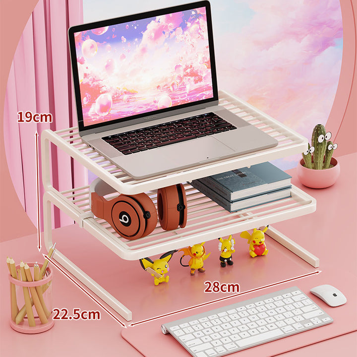 Tiered Adjustable Metal Laptop and Monitor Riser with Ventilated Slatted Shelves and Under-Storage Organizer