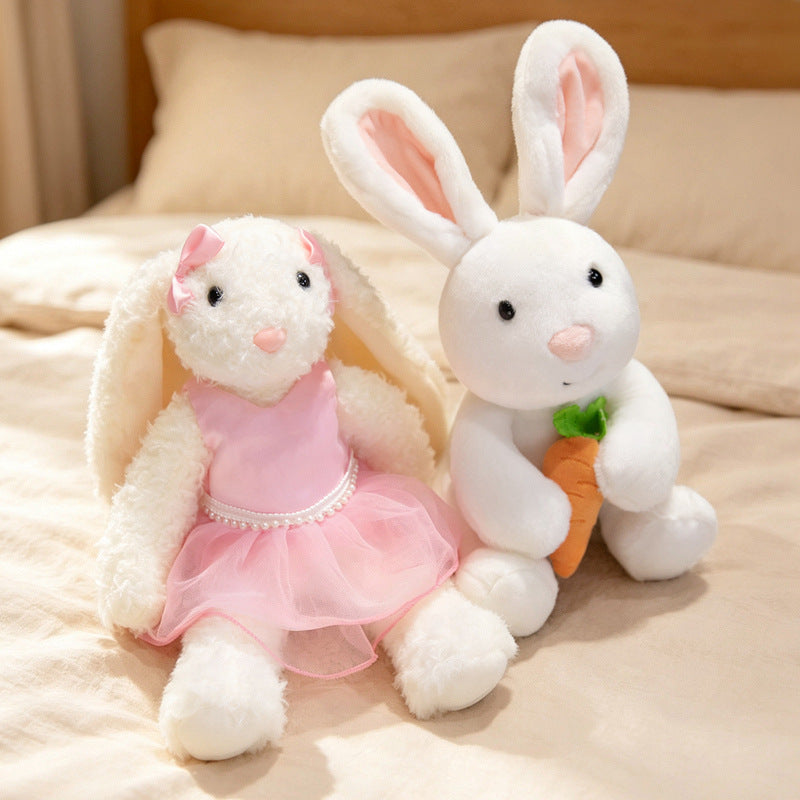 Plush Floral-Lined Ear Bunny Stuffed Toy with Embroidered Face and Curly Faux Fur Kalsten