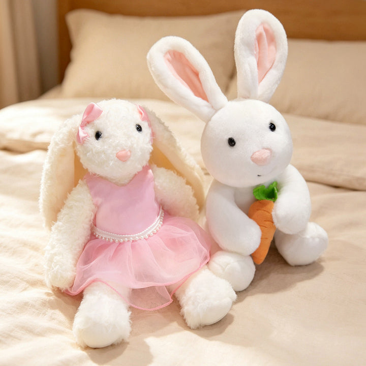Plush Floral-Lined Ear Bunny Stuffed Toy with Embroidered Face and Curly Faux Fur Kalsten