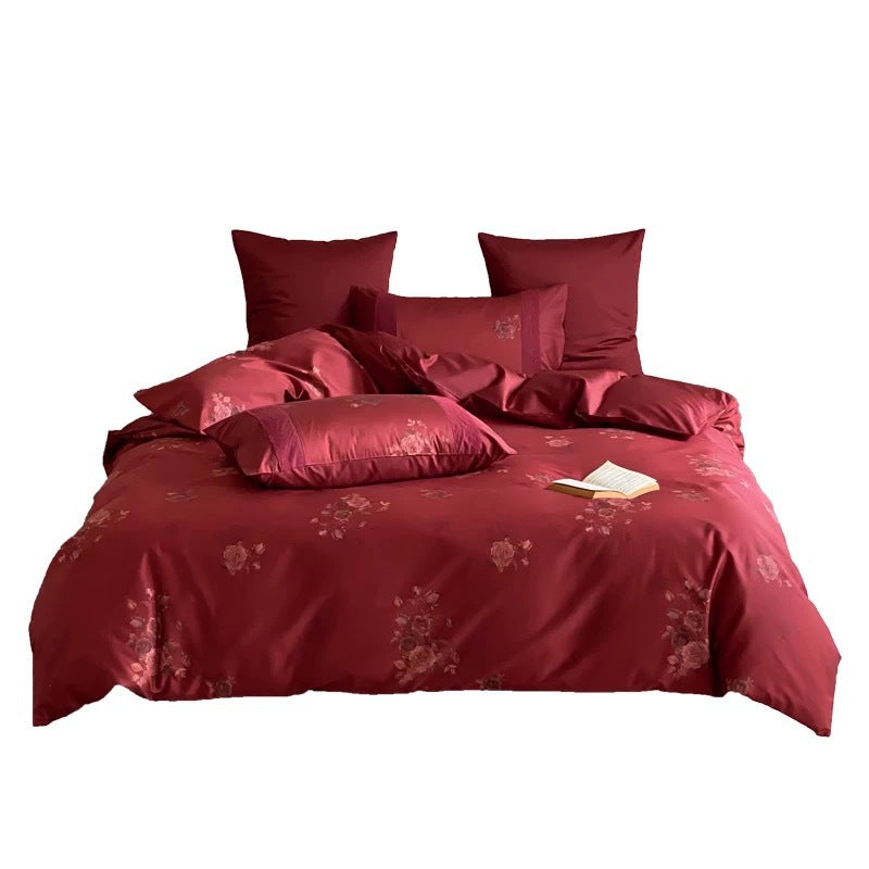 Premium Satin Bedding Set with subtle rose jacquard and hotel closing