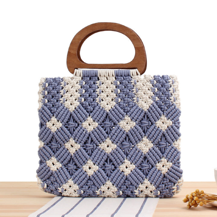 Macrame Tote Bag with Wooden Handles and Floral Details Kalsten