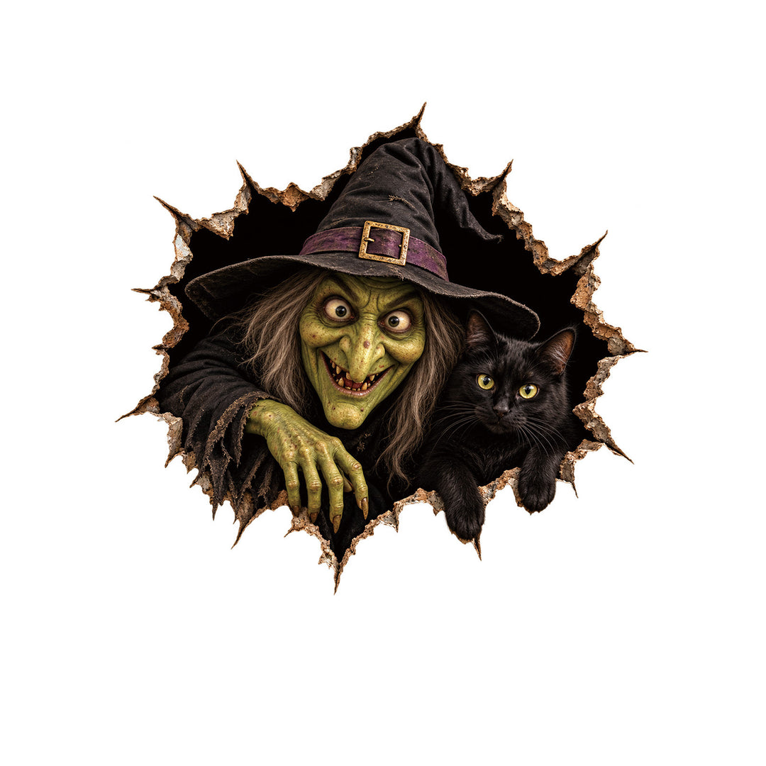 Realistic 3D wall sticker Halloween witch with breaking wall and candy