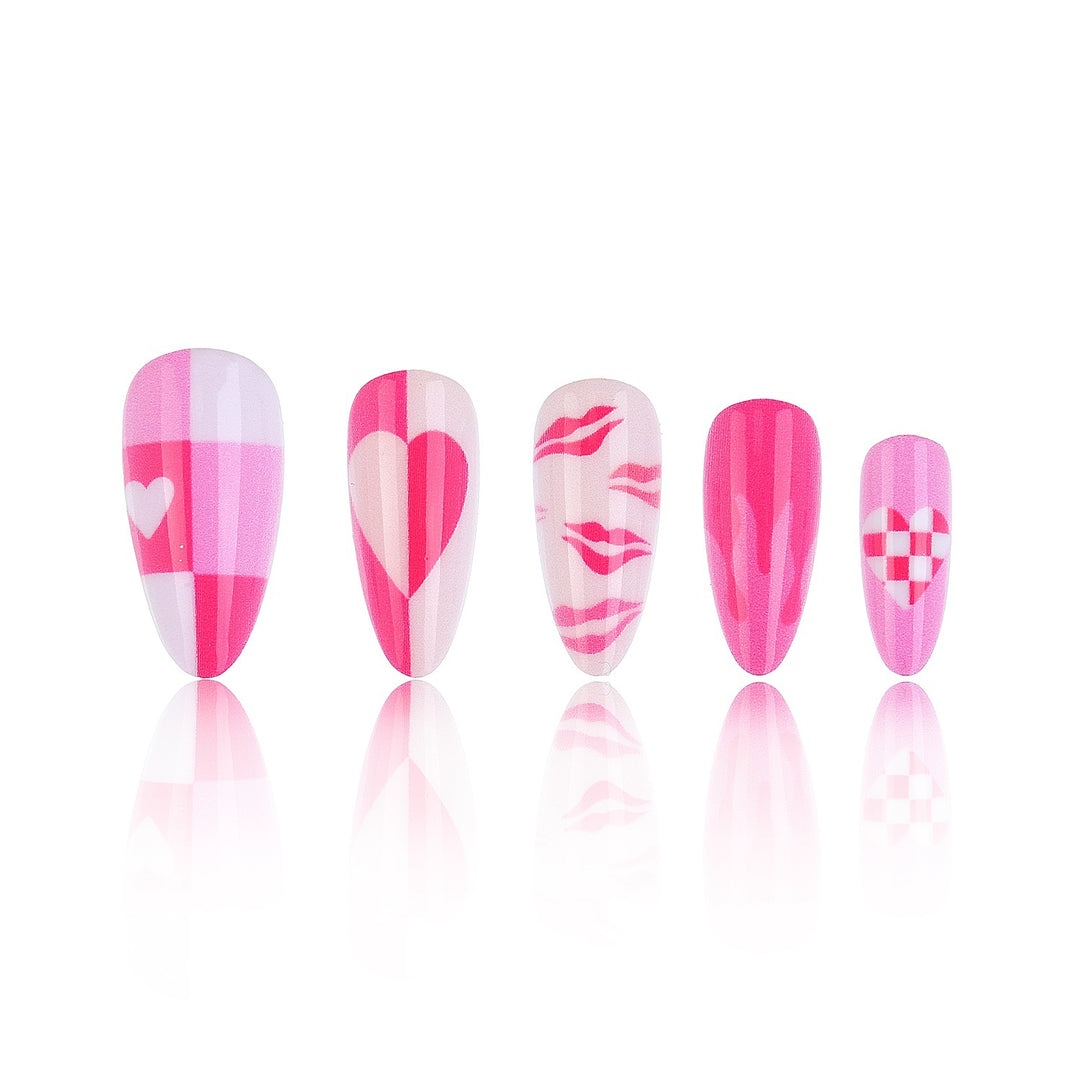Artistic Press-On Nail Set with Heart and Flame Design Kalsten