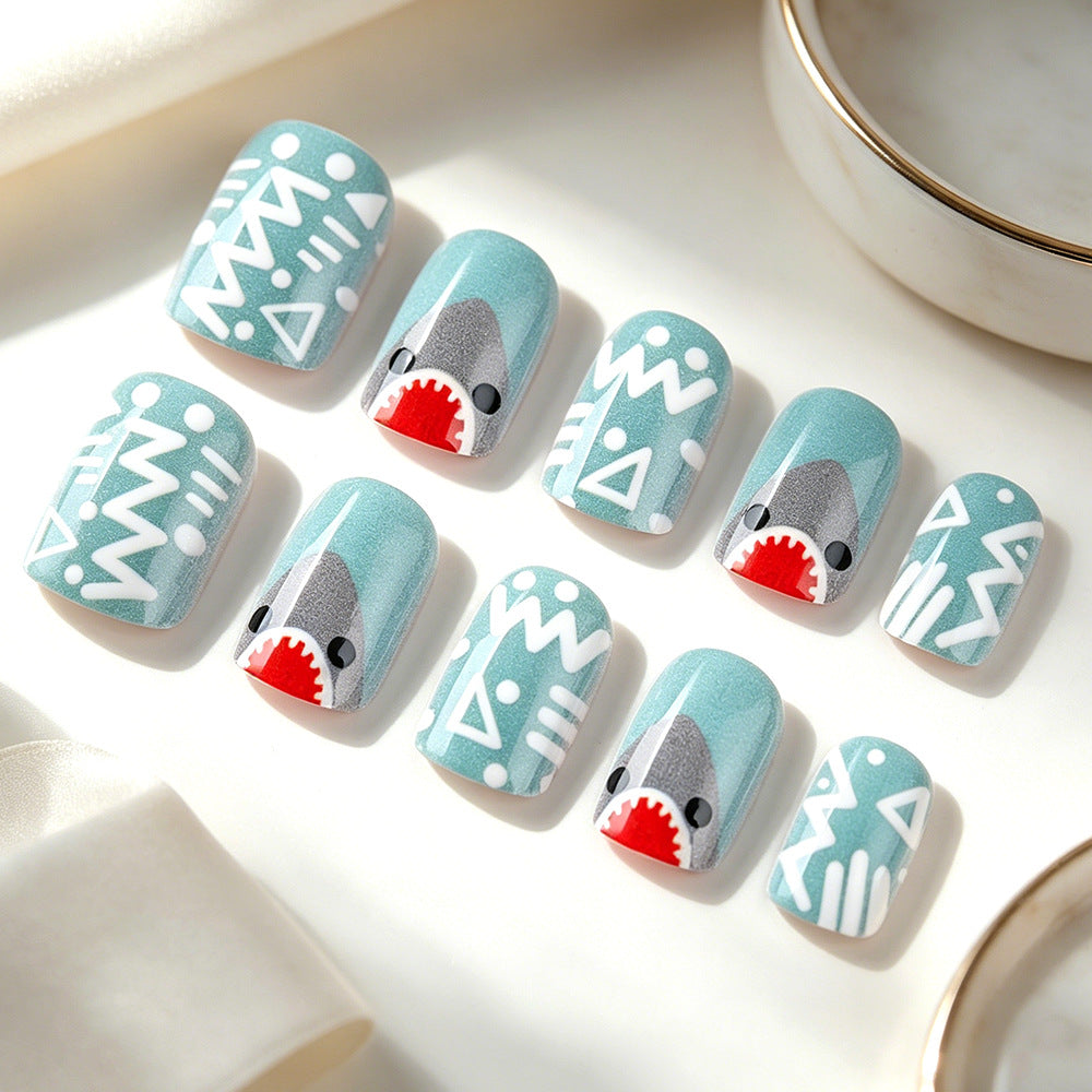 Artistic Shark-Themed Press-On Nail Design Kalsten