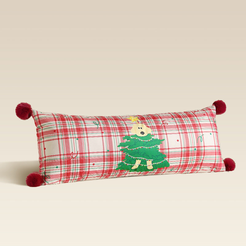 Long decorative lumbar and neck pillow in Christmas check with pompom and dog-tree motif Kalsten