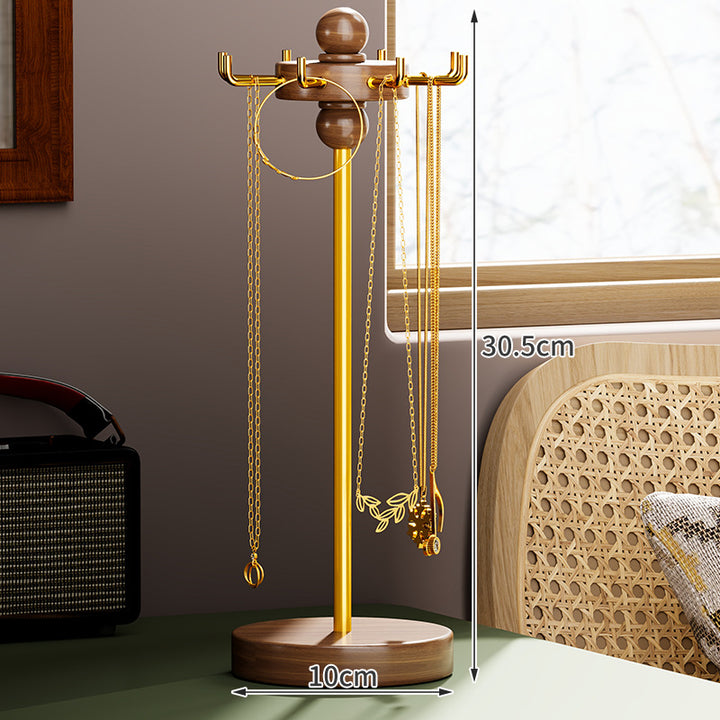 Wooden-Base Multi-Arm Jewelry Stand with Gold-Plated Hooks and Necklace Organizer