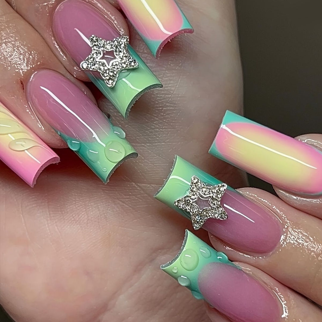 Artistic Ombre Press-On Nails with Gemstone Accents Kalsten