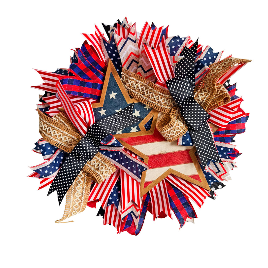 Unisex decorative door wreath in country style with wooden star, ribbons and versatile bands Kalsten