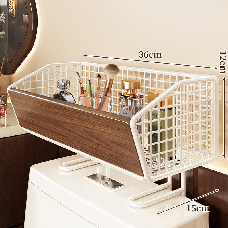 Elevated Mesh Bathroom Countertop Organizer Basket with Wood-Front and Chrome Frame