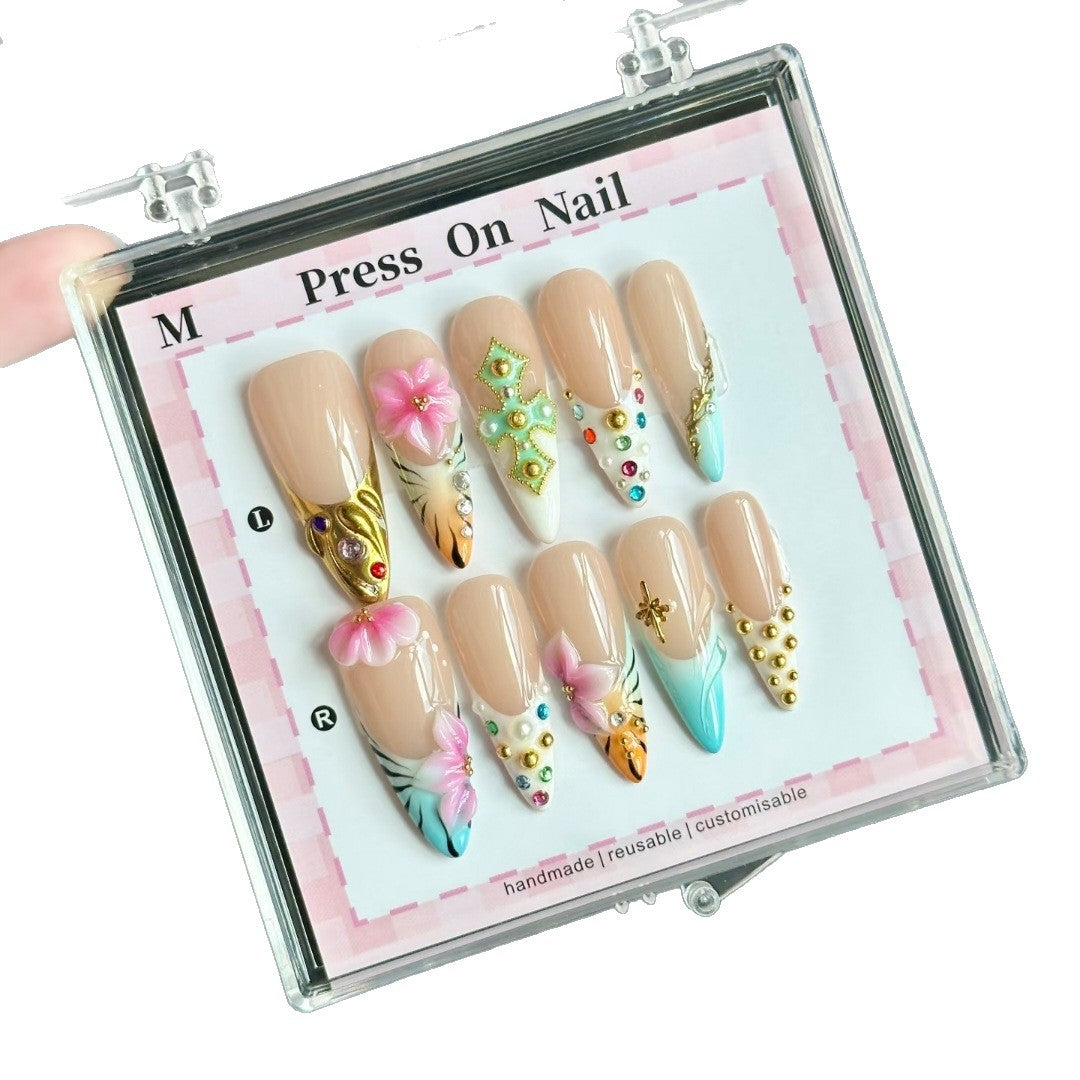Artistic Floral Accent Press-On Nail Set with Gem Details
