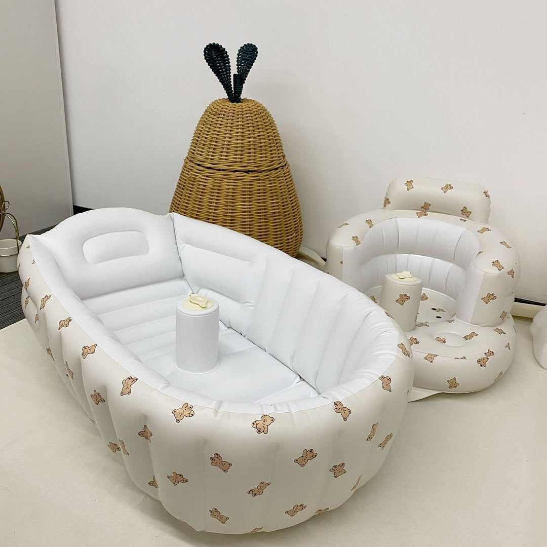 Inflatable Baby Bathtub and Support Seat Set with Lemon Print and Removable Cup Holder