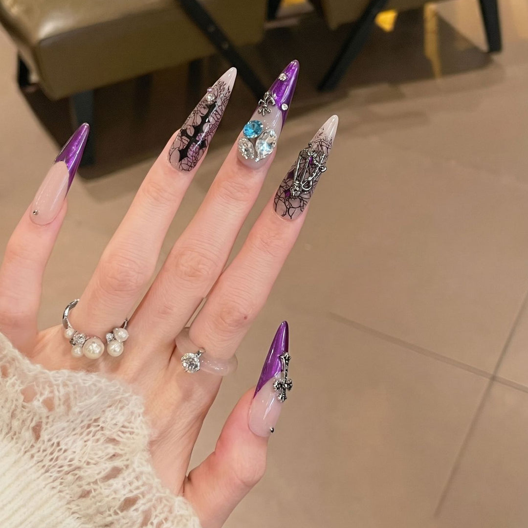Artistic Stiletto Press-On Nail Set with Unique Floral and Gemstone Accents Kalsten