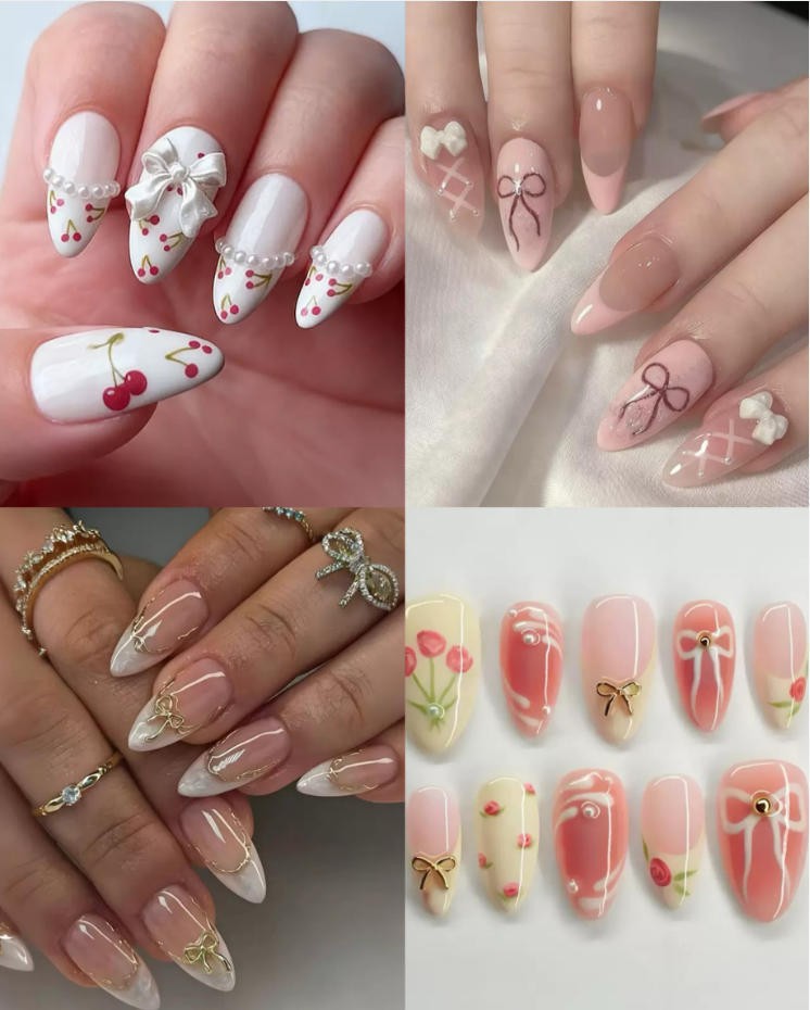 Acrylic Nail Set with Elegant Bows and Glamorous Accent Kalsten