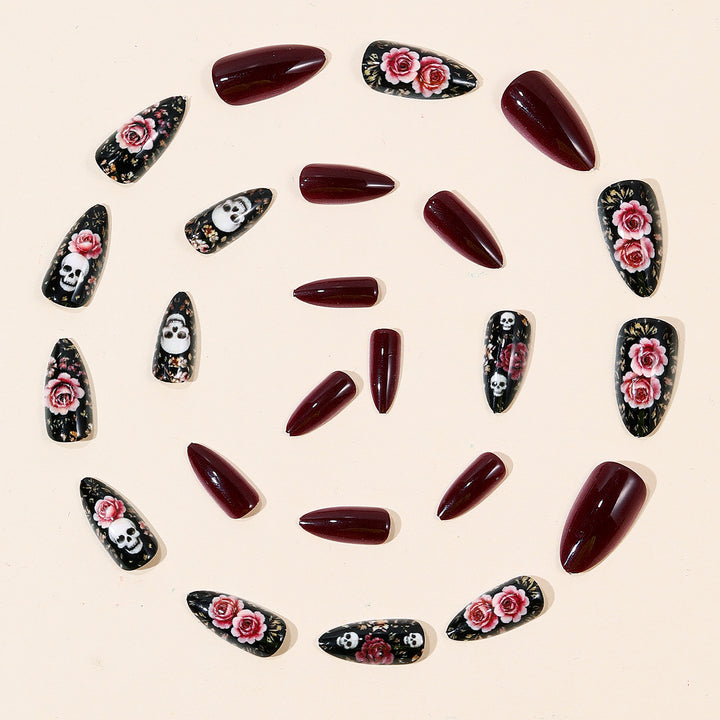Gothic Floral and Skull Accent Nail Art Extensions Kalsten