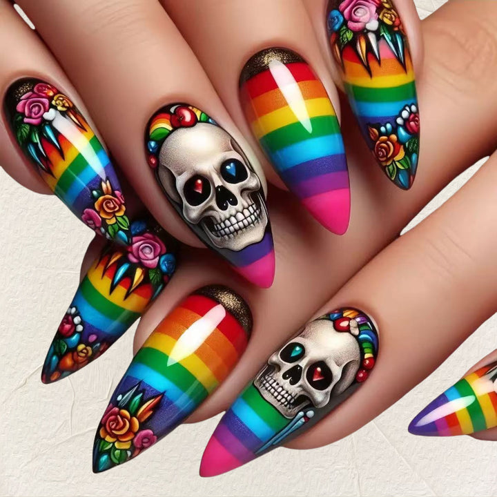 Creative artificial nails in skull and rainbow design Kalsten