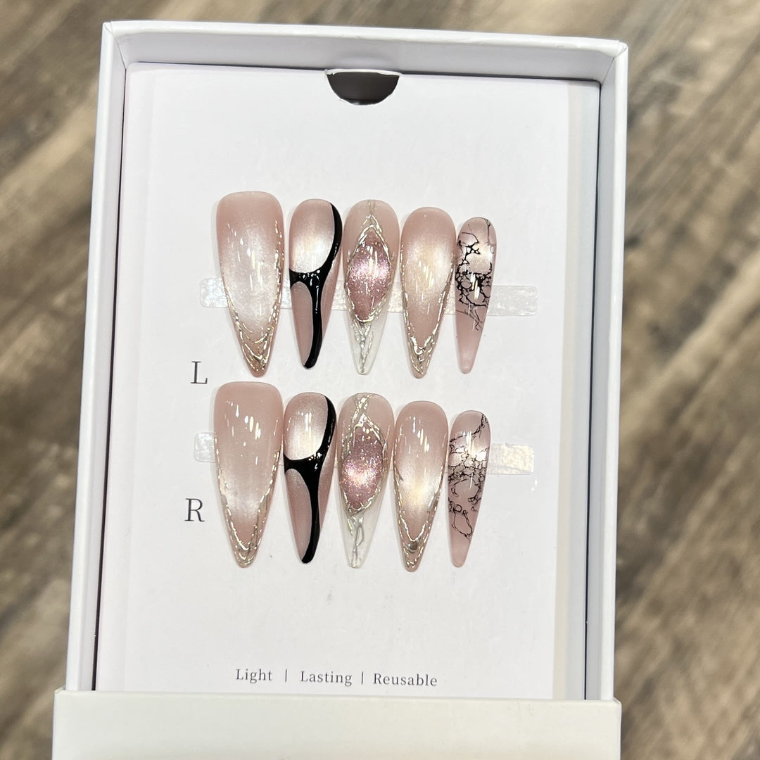 Artistic Stiletto Press-On Nail Set with Unique Marble Design Kalsten