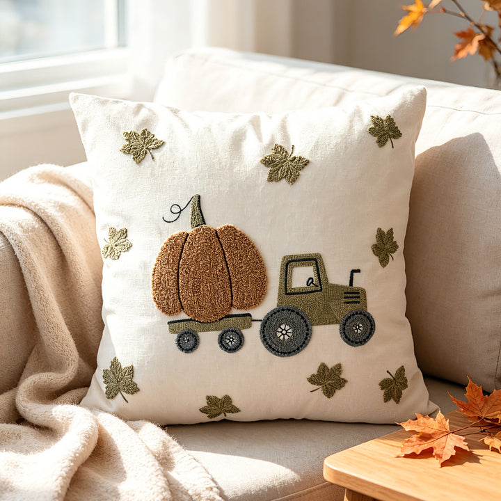 Autumn Embroidered Pumpkin Tractor Linen Throw Pillow