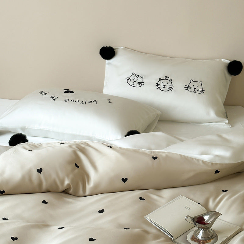 Cotton satin bedding set with heart allover, cute cat embroidery and pompom pillow