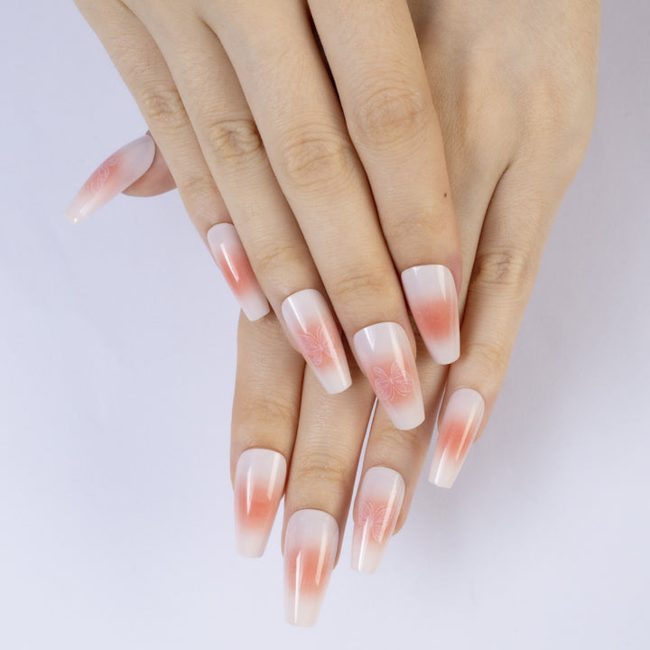 Trendy Artificial Nails with Ombre Effect and Butterfly Designs Kalsten