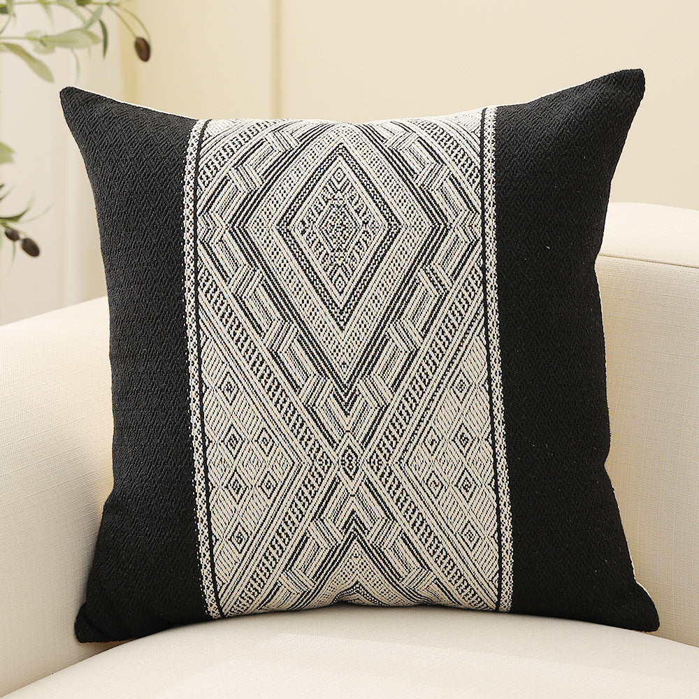 Square woven decorative cushion cover with central ethnic jacquard stripe and textured cotton blend