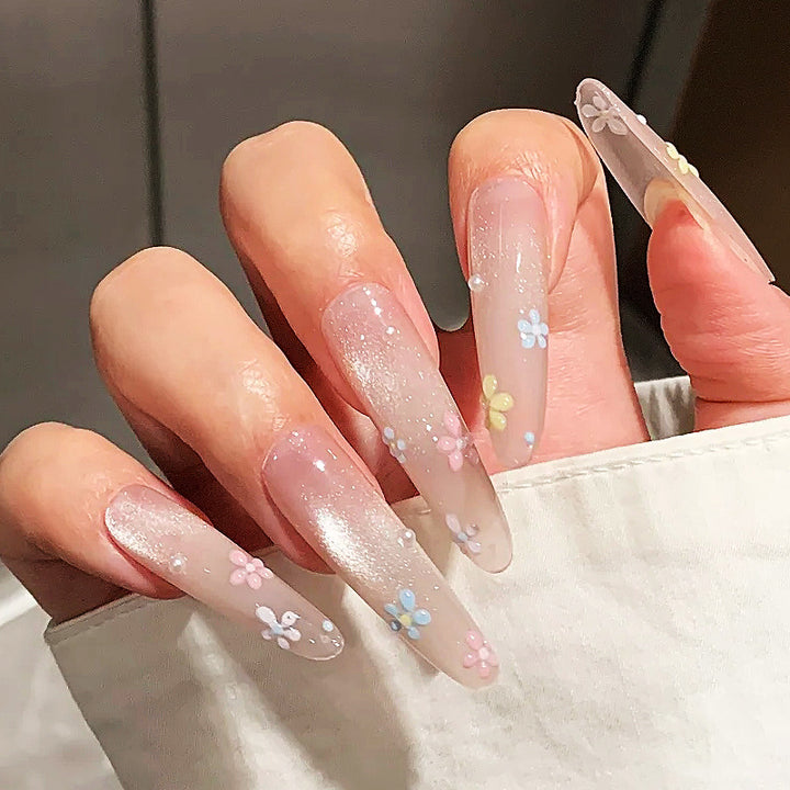 Long Acrylic Press-On Nails with Floral Embellishments Kalsten