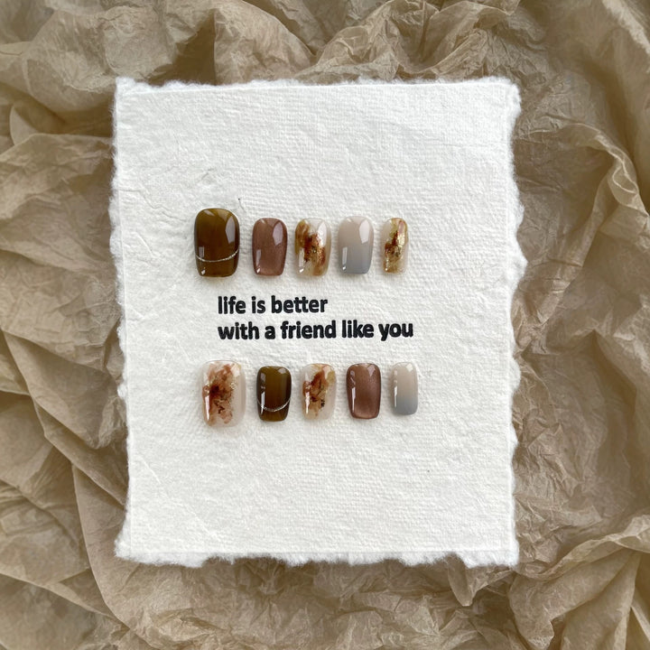 Artistic Press-On Nail Art Set with Elegant Earthy Patterns
