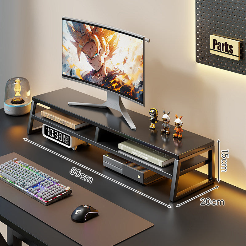 Curved Wood-Top Monitor Riser with Metal Frame and Under-Shelf Organizer