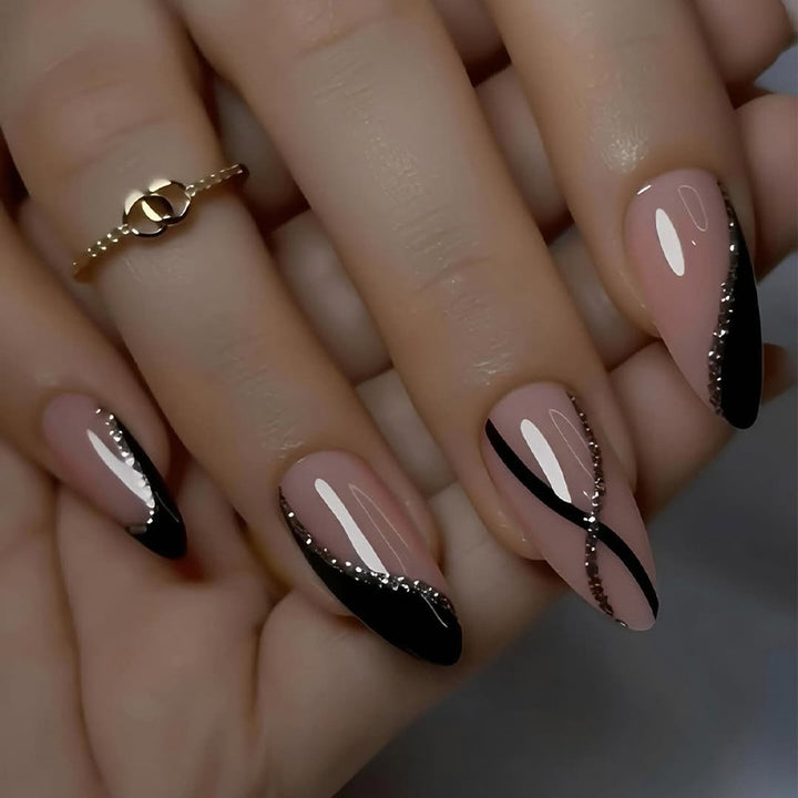 Artificial nail set with elegant black and white design and glitter accents Kalsten