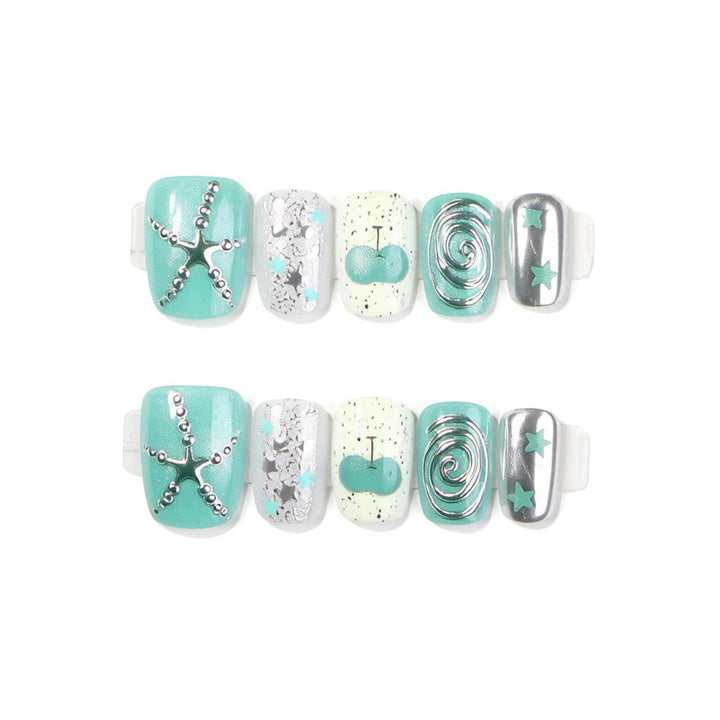 Decorative Press-On Nail Art Set with Starfish and Silver Accents Kalsten