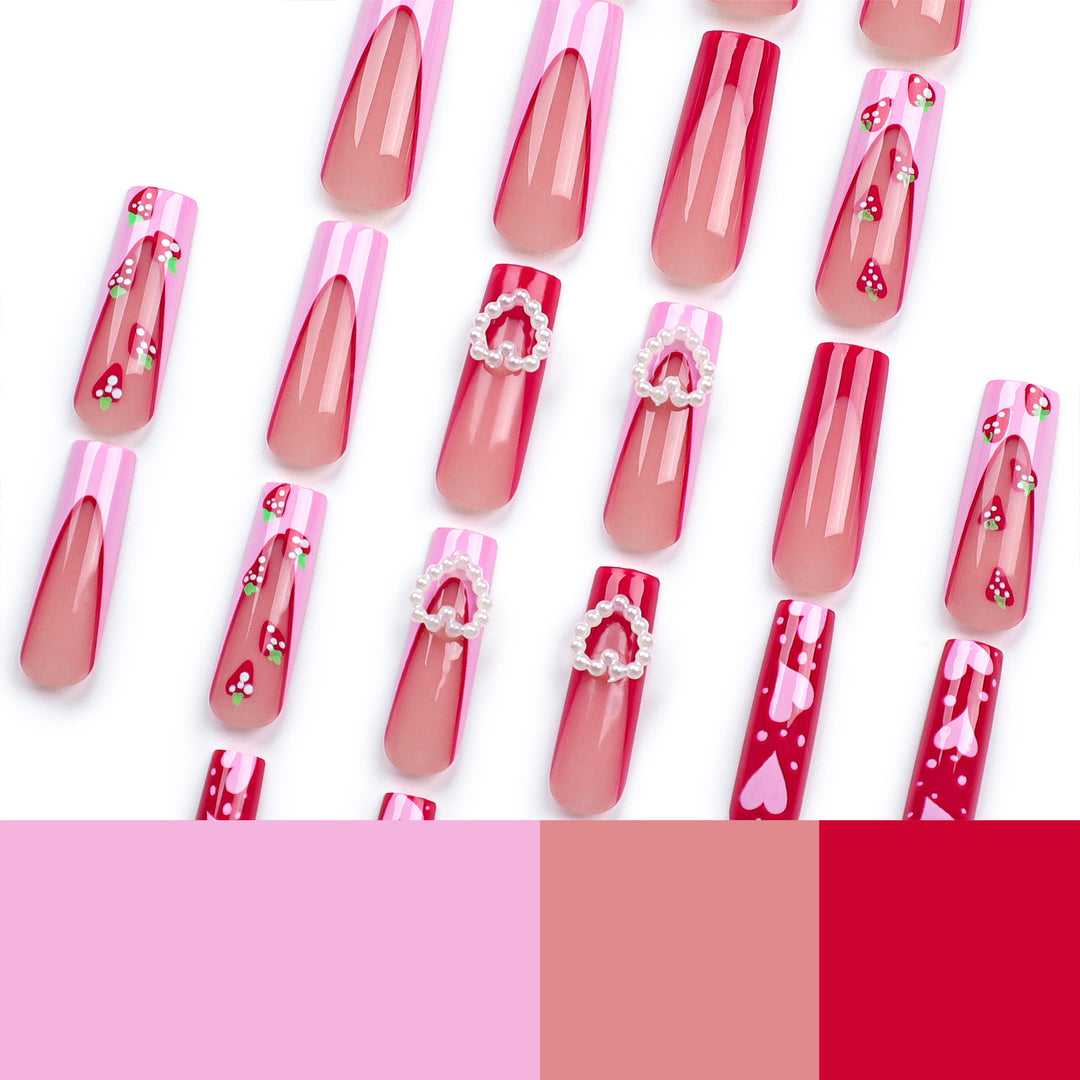 Artistic Nail Extensions with Heart and Strawberry Design Kalsten
