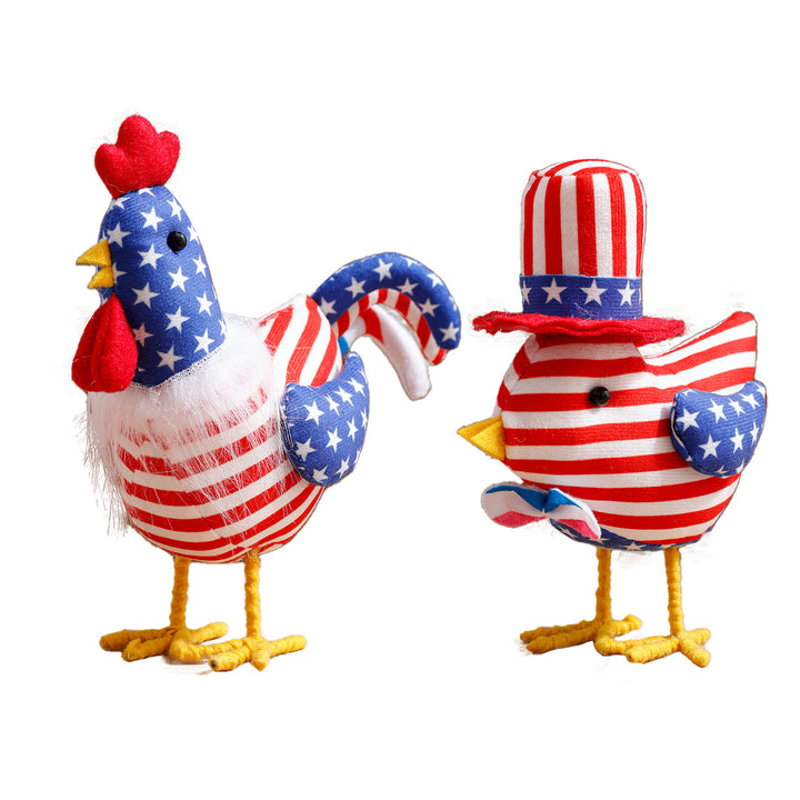 Unisex nan decorative plush rooster in Americana design with star pattern and standing wire legs Kalsten
