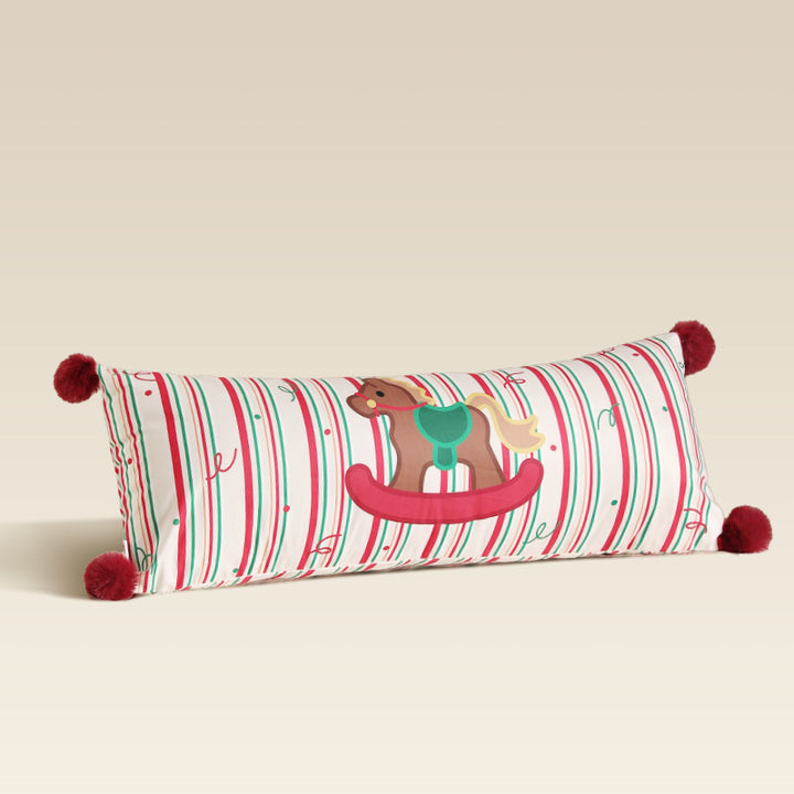 Long decorative lumbar and neck pillow in Christmas check with pompom and dog-tree motif Kalsten