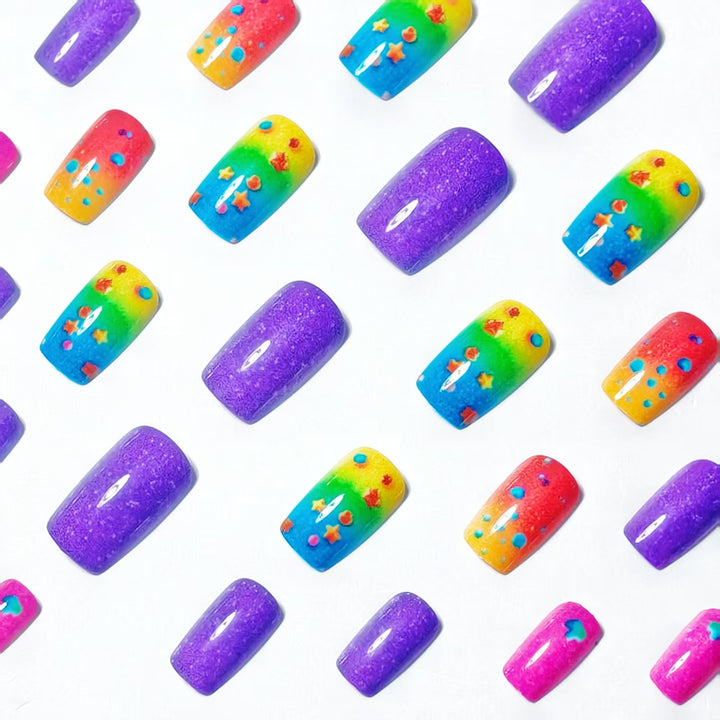 Creative art nails with sparkling rainbow design and 3D applications Kalsten